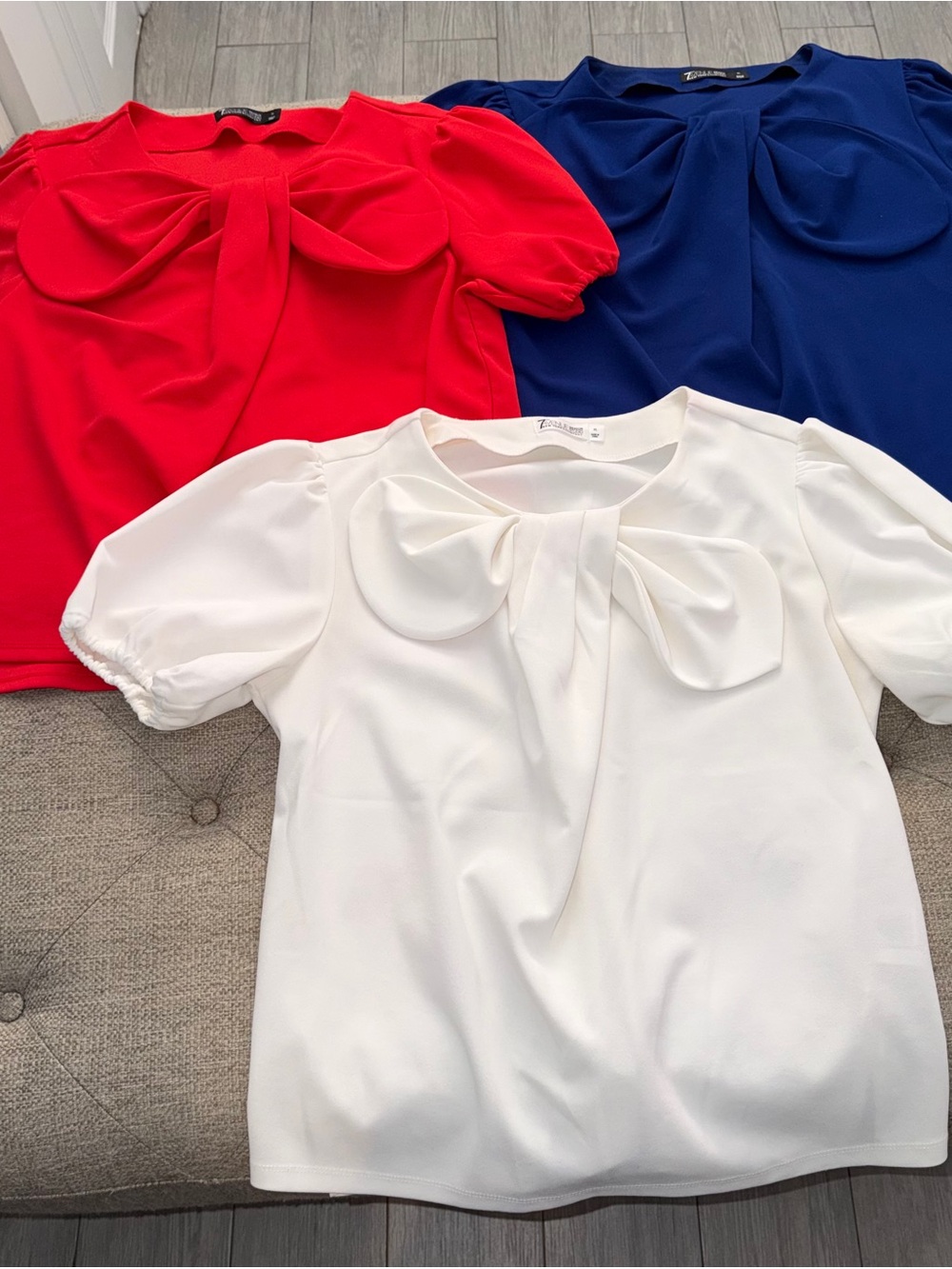 Trio of Bow-Accent Puff Sleeve Tops - Red, Navy, White